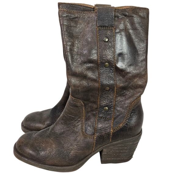 Born Leather Motorcycle Boots Brown Distressed Studs Mid Calf Winter Pull On 8.5 - Picture 1 of 14